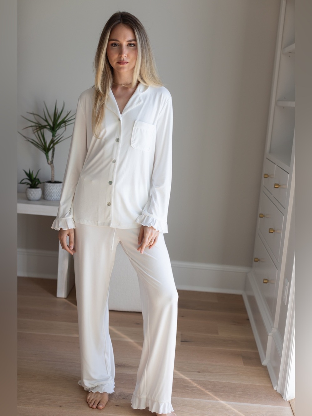 Women's White Ruffle-Trim Pajama Set - Soft Lounge Shirt & Pants